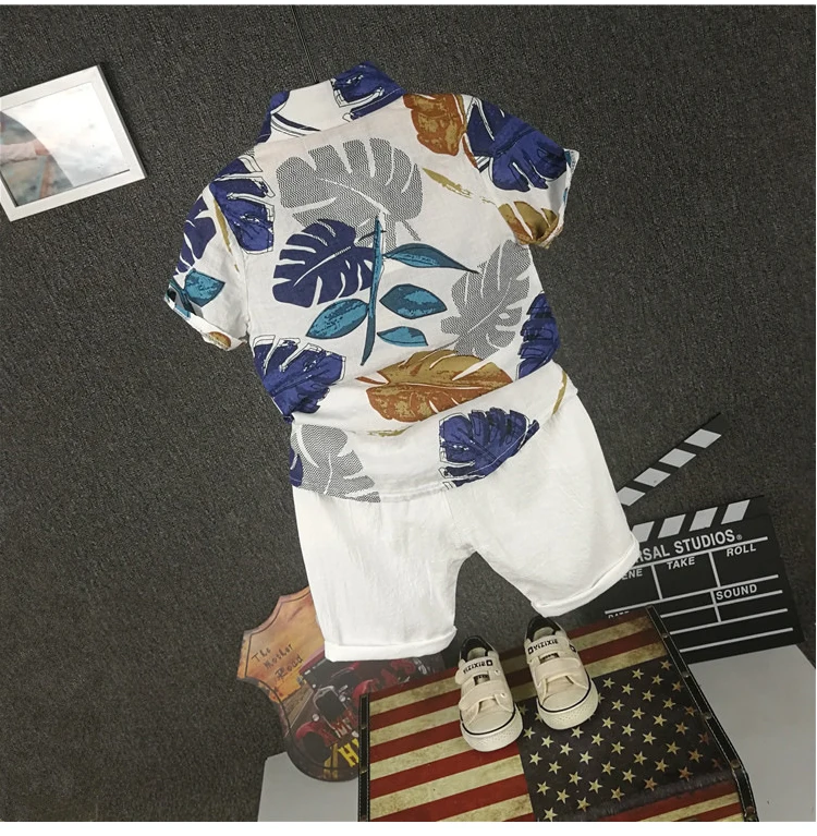 Комплект летней одежды для мальчиков, Детский комплект из 2 предметов, рубашка с короткими рукавами и принтом+ шорты, комплект одежды для мальчиков