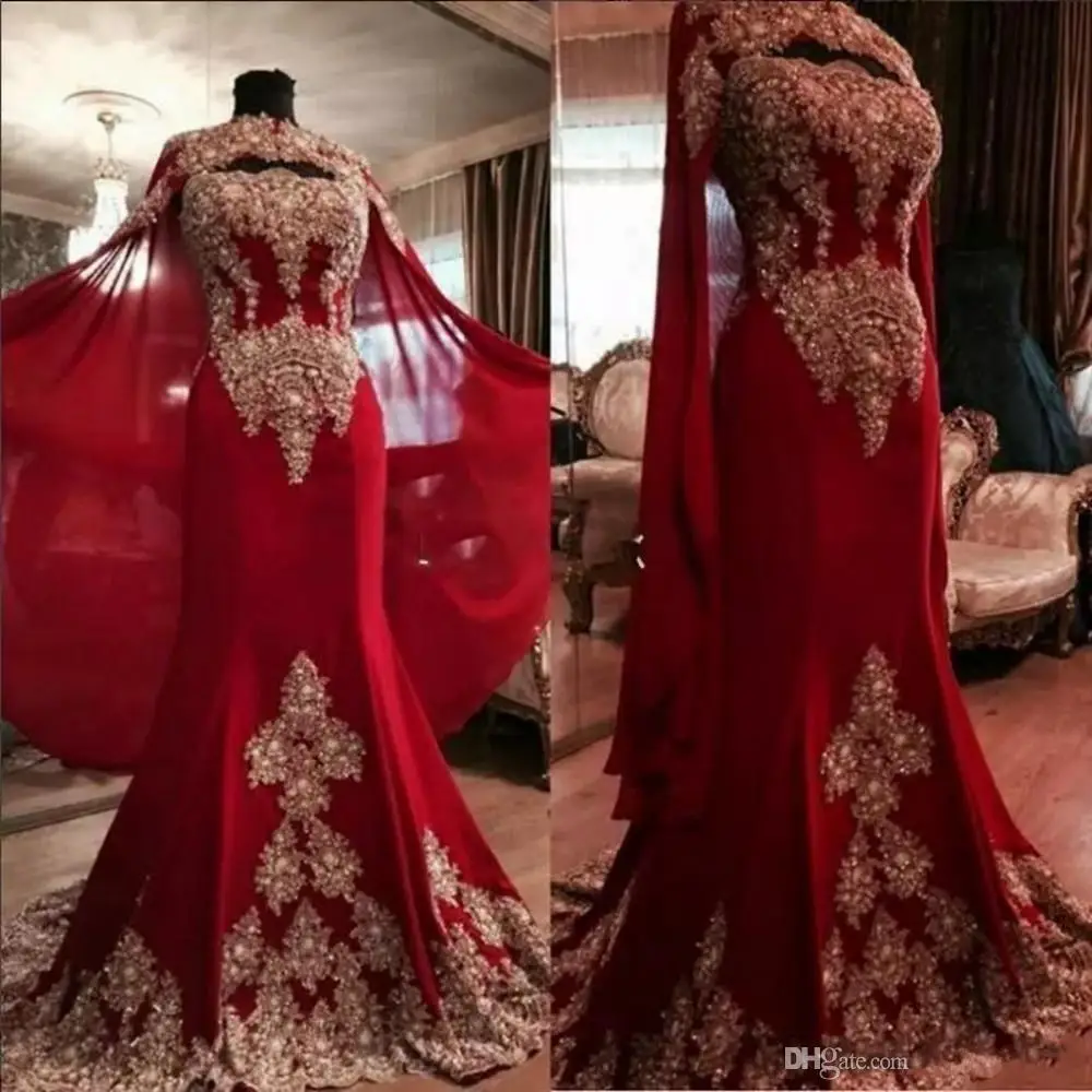 Red Muslim Evening Dress With Cape High Neck Turkey Evening Gowns With