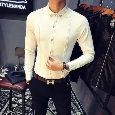 Camisa Masculina осенью мужской смокинг рубашки с длинным рукавом Slim Fit Бизнес Повседневная рубашка Для мужчин модные однотонные вечерние рубашки Для мужчин - Цвет: WHITE