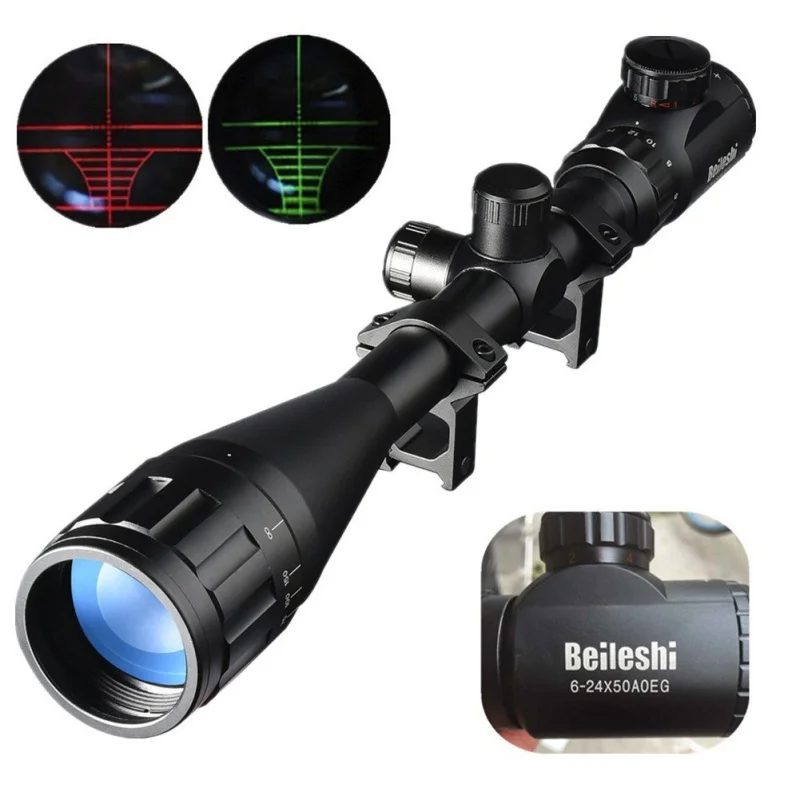 

6-24x50mm Outdoor Optics Hunting Rifle Scope Red/Green Illuminated Crosshair Scope With Flip Up Scope Covers Outdoor