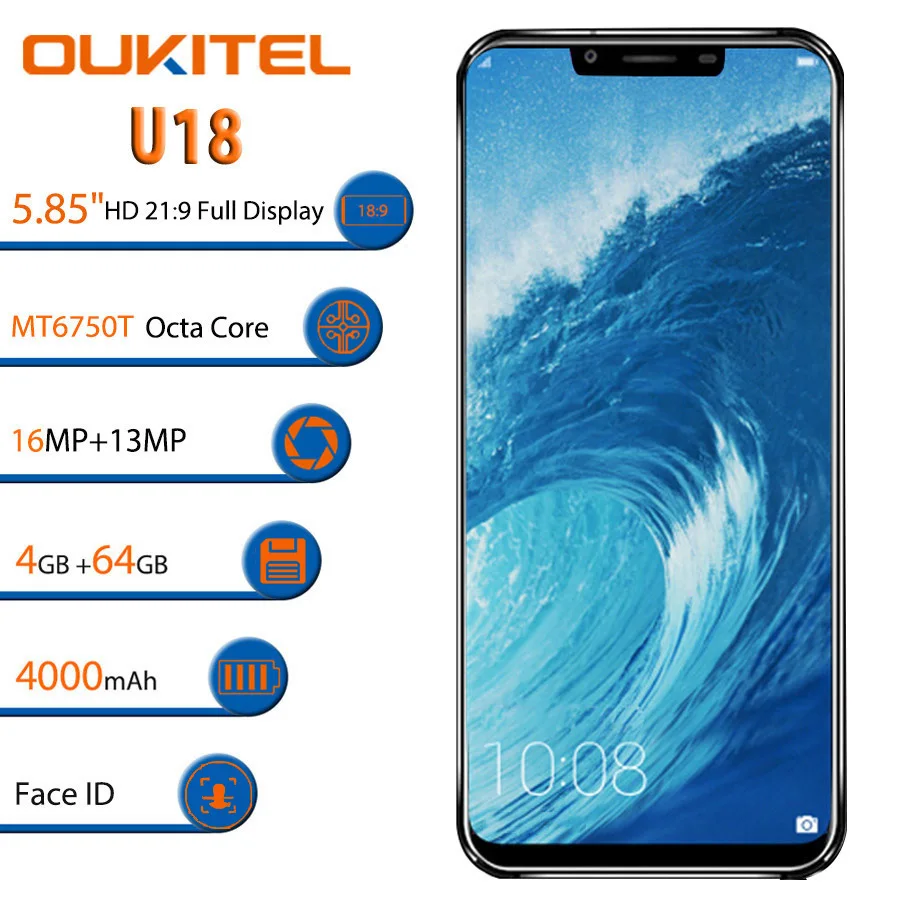 Oukitel U18 5,8" 21:9 полный Дисплей мобильного телефона Face ID MT6750T Octa Core Android 7,0 4 Гб Оперативная память 64 Гб Встроенная память 4000 мА/ч, 16MP мобильного телефона