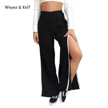 

Weyes & Kelf Elastic Waist Wide Leg Pants Women For Summer 2018 Autumn Sexy Side Split Panelled Striped Trousers Women Black