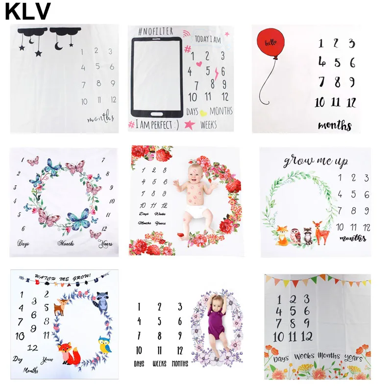 

Newborn Baby Milestone Number Phone Pattern Cloud Balloon Flower Pattern Mat Blanket Photography Background Backdrop Cloth