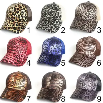

Women Ladies Summer Mesh Back Messy High Bun Ponytail Holder Cap Vintage Leopard Zebra-Stripes Adjustable Snapback Trucker Hat
