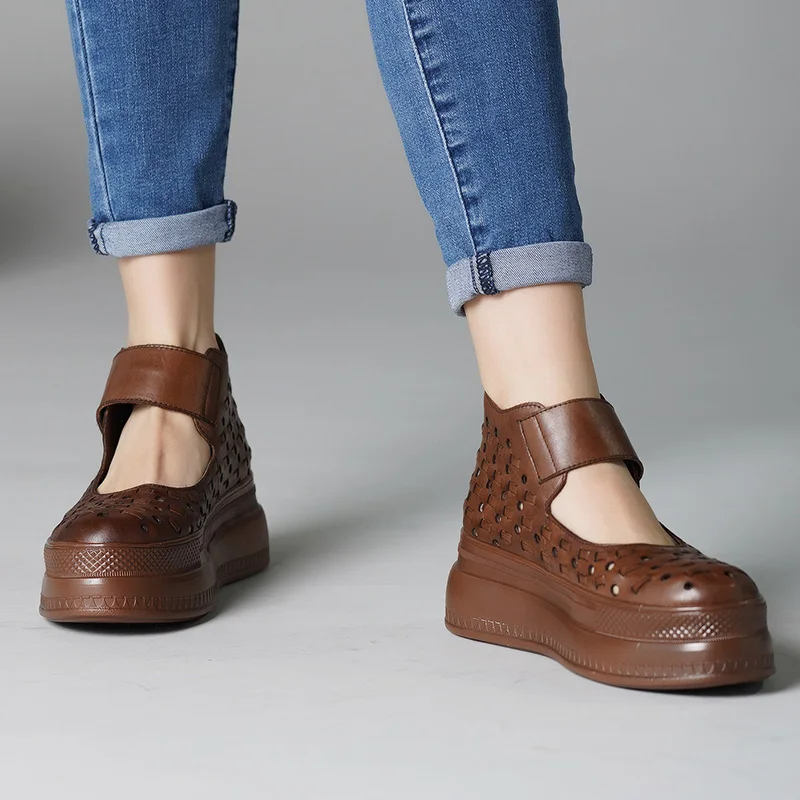 

2019 Summer Platform Shoes Women Flats Round Toes Fretwork Handmade Vintage Comfortable Genuine Leather Lady Flat Shoes