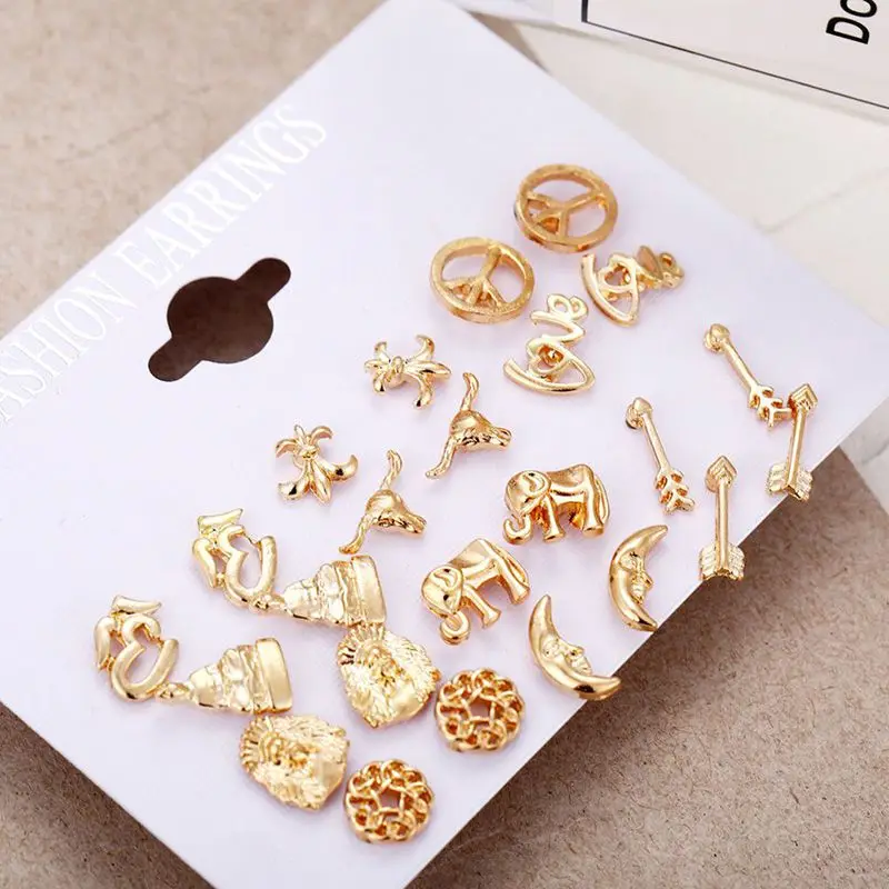 

Women Delicate Retro Creative Temperament 12 pair/set Engraved Not Inlaid Multi-element Heart Stud Earrings Jewelry Wedding Gift