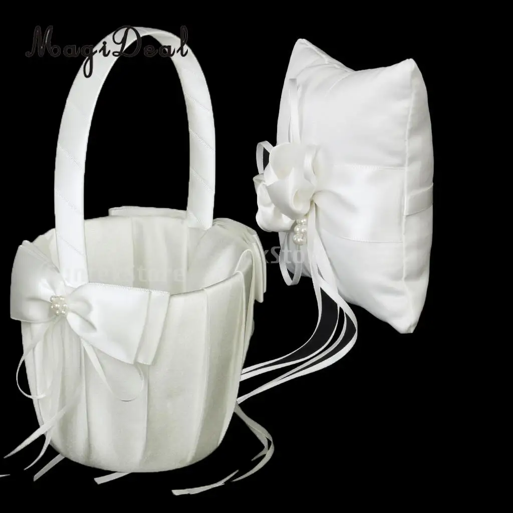 MagiDeal Hot Sale Wedding Ceremony Ivory Satin Crystal Ring Bearer Pillow+Flower Girl Basket Supplies for Engagement Party Favor | Дом и сад