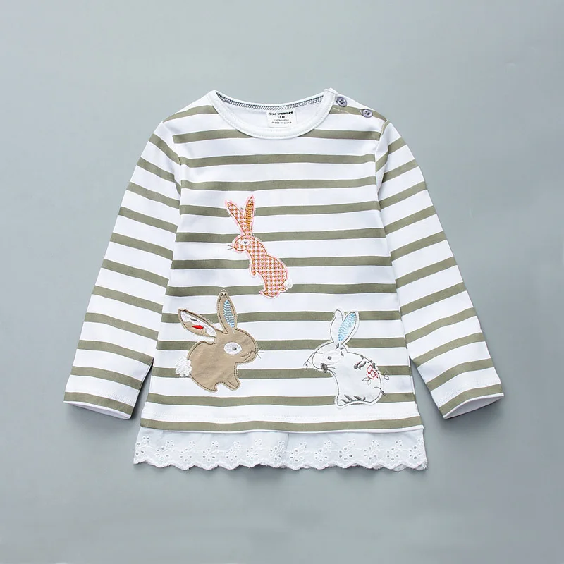 Футболки для девочек; Осенняя детская одежда с длинными рукавами; Кружевная футболка с кроликом и кроликом; пуловер в полоску; детская одежда с героями мультфильмов для девочек
