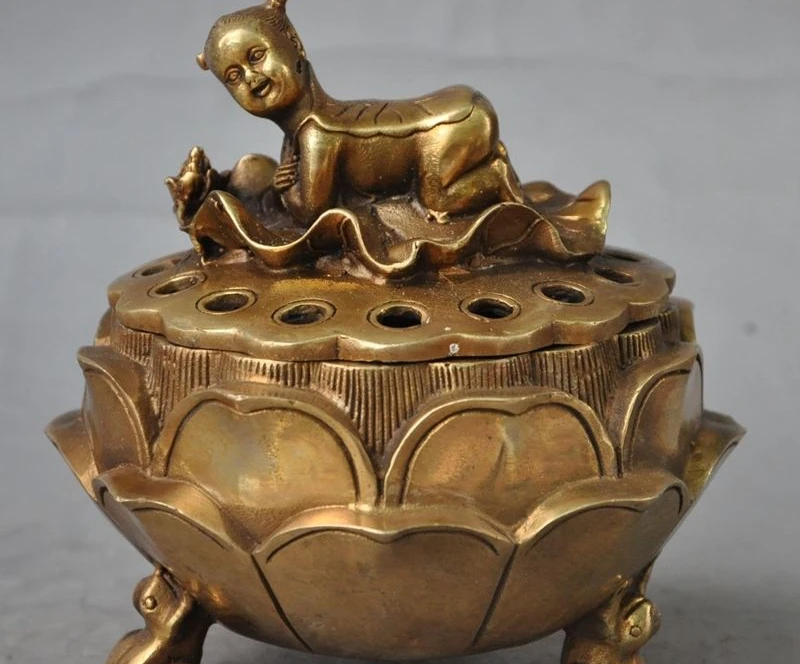 

5" chinese folk brass boy child lotus flower Frog statue incense burner Censer