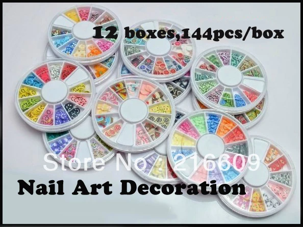 

Best Selling!12Boxes=12Wheels/Lot Mixed Polymer Clay Slices Nail Art Decoration Fimo 3D Nail Sticker Free shipping