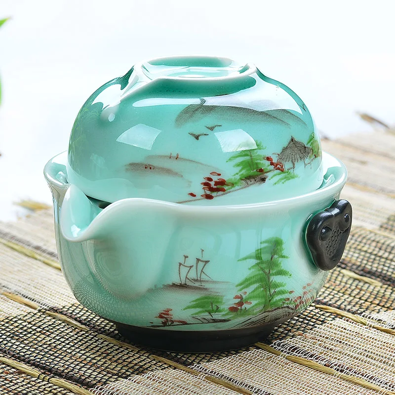 

Hand-painted Longquan celadon portable travel ceramic tureen kung fu tea set Teapot Quik Cup Retro Home Decoration