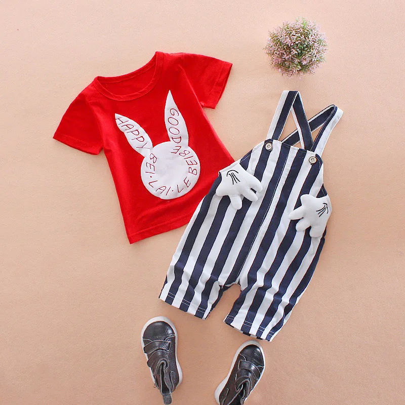 

Baby girl clothes 2018 Korean Summer Girls Cartoon Short Sleeve T-Shirt +Strap Skirt 2PCS Boy Bib Set Newborn clothes Bebes Suit