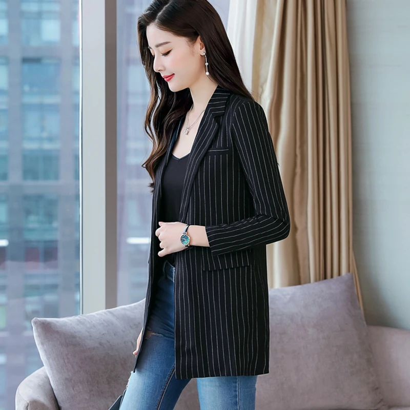 Bri Spring and Autumn New Women's Striped Small Suit Women's Jacket Long Sleeve Medium Long Retro Strip Striped suit female coat Bri Spring and Autumn New Women's Striped Small Suit Women's Jacket Long Sleeve Medium Long Retro Strip Striped suit female coat
