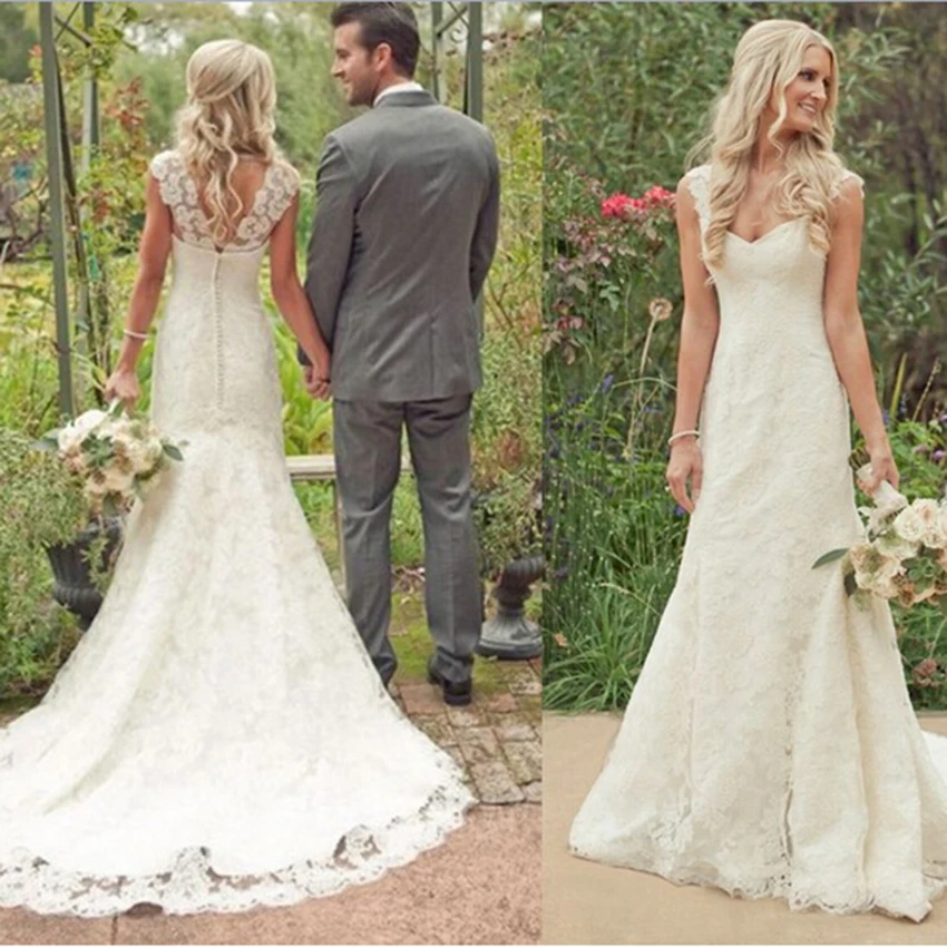 Short Country Lace Wedding Dresses A Line Empire Short V Neck