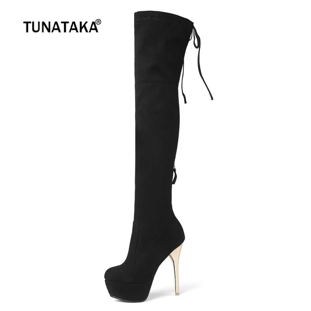 

Women Stretch Sexy Zipper Over the Knee Boots Flock Leather Thin High Heel Platform Long Boots Winter Shoes 2018 Plus Size 43