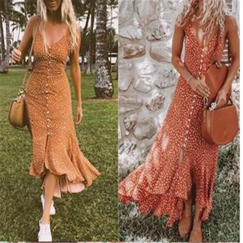 2019 Summer Womens Boho Dress Lady Vestito lungo Cocktail Party Beach Dresses Deep v-neck Sundress Vestito da spiaggia