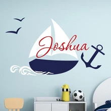 Decalque Da Parede Nome Personalizado Menino YOYOYU Persoanlzied Adesivo de Parede Barco Barco À Vela Âncora Náutica Vinil Quarto wall decor GY004