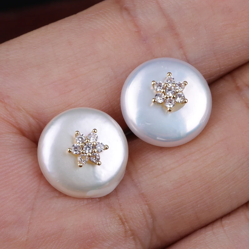 multi options pattern choosable micro pave colorful cz gold tiny charm natural coin freshwater pearl stud earrings for women