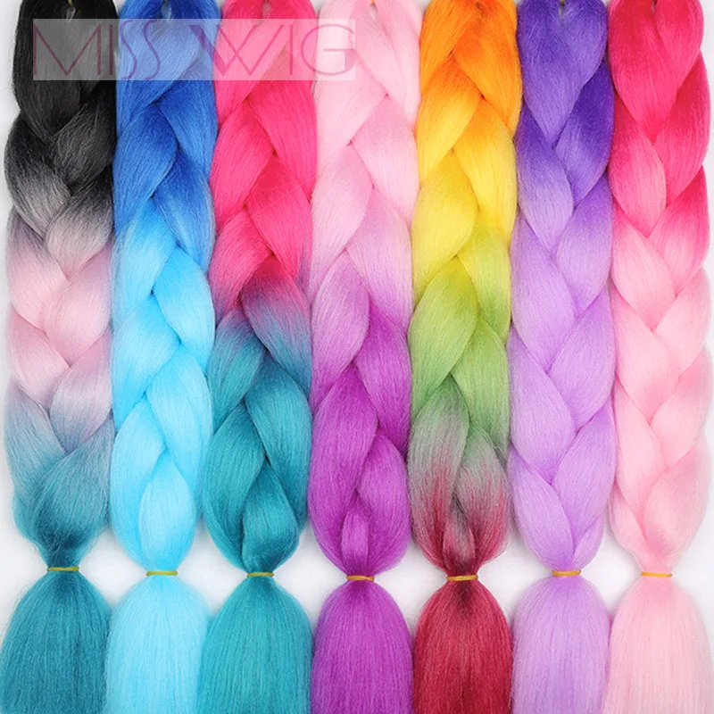

MISS WIG Ombre Jumbo Braids 24Inch Synthetic Hair Crochet Extensions For Women Blue Red 88Colors Available