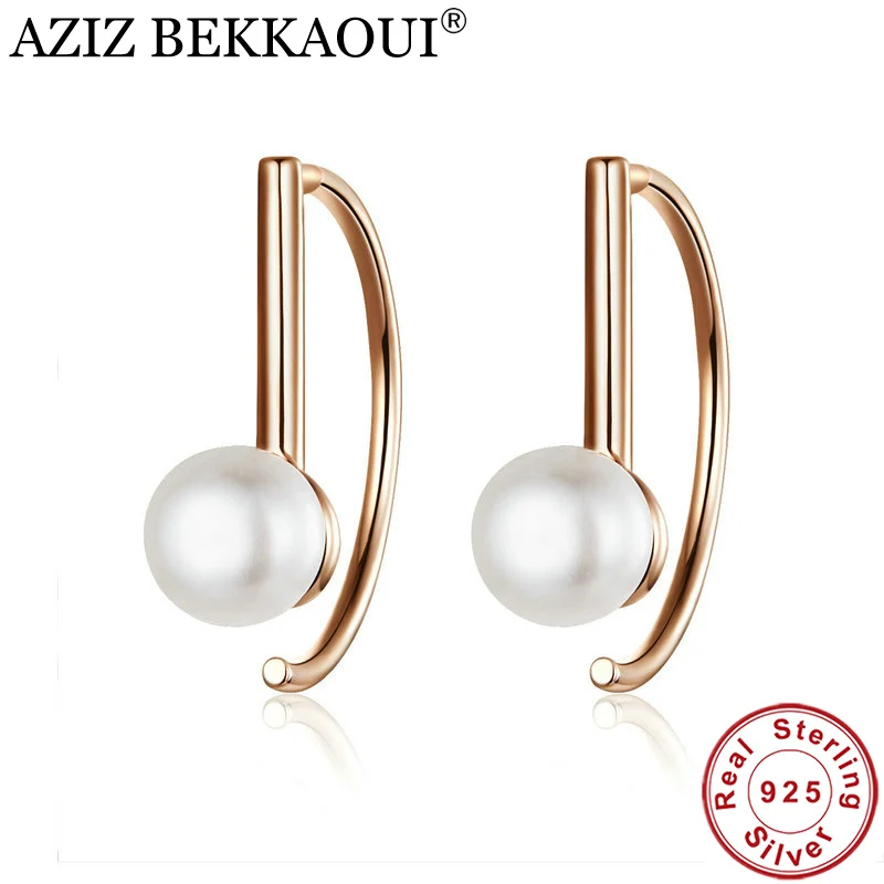 AZIZ BEKKAOUI, 925 пробы, серебряные серьги с жемчугом для женщин, розовое золото, большие круглые серьги-гвоздики, серьги с жемчугом, подарок