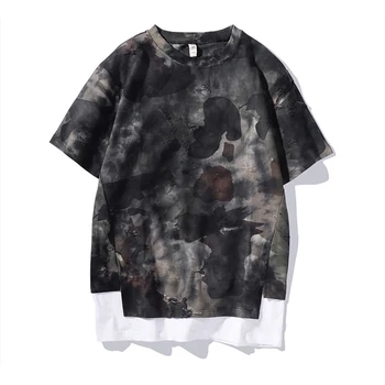 

Fake Two Pieces Short Sleeve T Shirt Men Camouflage Hip Hop Ripped T Shirts Mens Punk Rock Rave Swag T-Shirt Streetwear G6G03