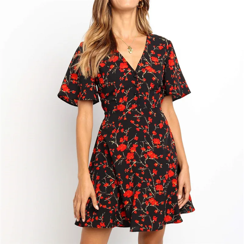 

Woman Elegant Vintage Dress 2019 Floral Print Short Sleeve Summer Dress A-line Mini Dresses Ladies V Neck Short Sundress