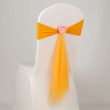 

Yellow colour Spandex chair sash with rose ball artifical flower ball and organza sash lycra sash fit all chairs wedding