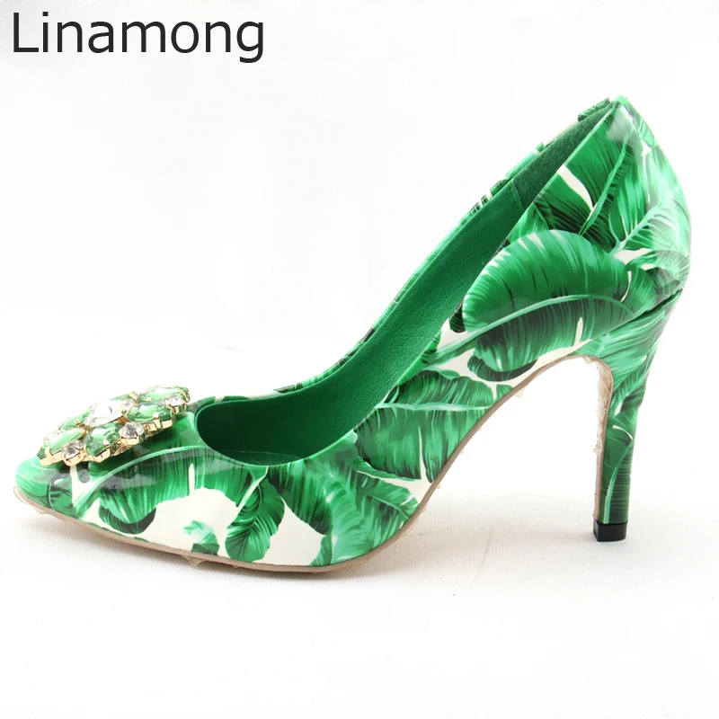 

Spring Woman Floral Gem Crystal Green Banana Leafs Printing Pumps Pointed toe Slip-on Stiletto Heel Wedding Dress Heels Shoes