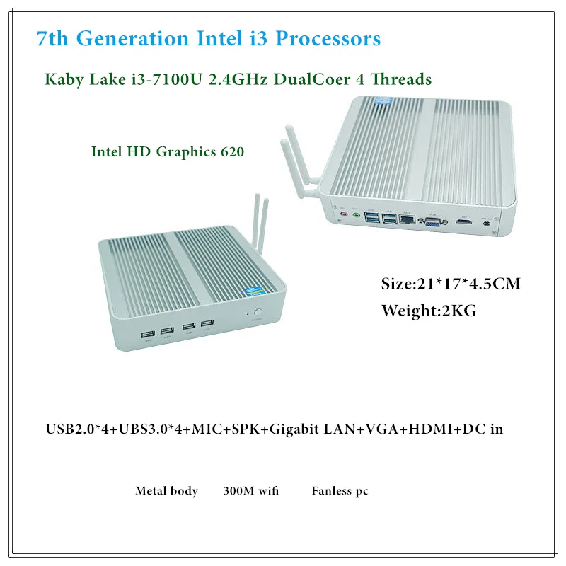 

HRF Intel Kaby Lake Core i3 7100U Mini PC Windows 10 HDMI+VGA Commercial pc minipc 4K HTPC Intel HD Graphics 620 Fanless PC