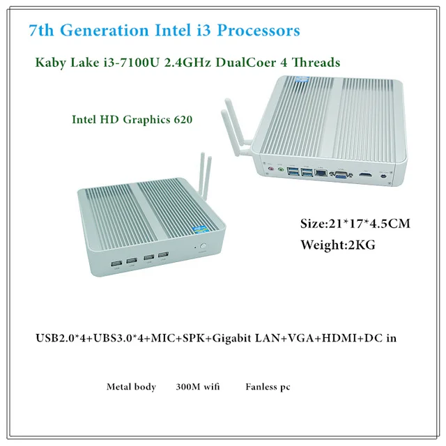 Best Offers 7th Gen Intel Kaby Lake Core i3 7100U Mini PC Windows 10 HDMI+VGA Commercial pc minipc 4K HTPC Intel HD Graphics 620 Fanless PC