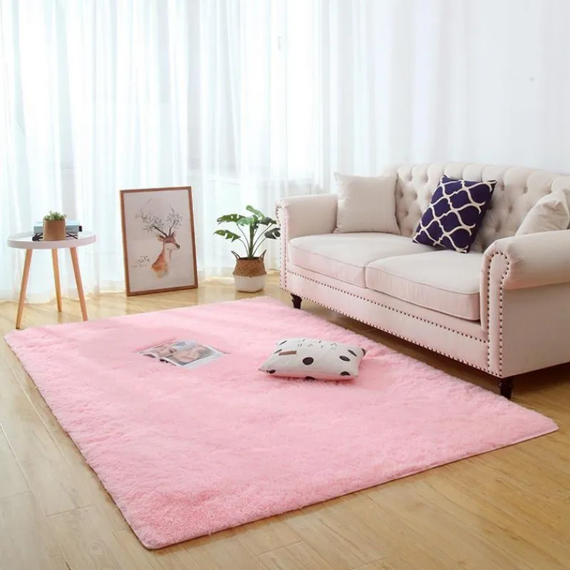 

Nordic pink living room carpet Long hair bedside blanket living room coffee table rug girl room bedroom floor mat non-slip rug
