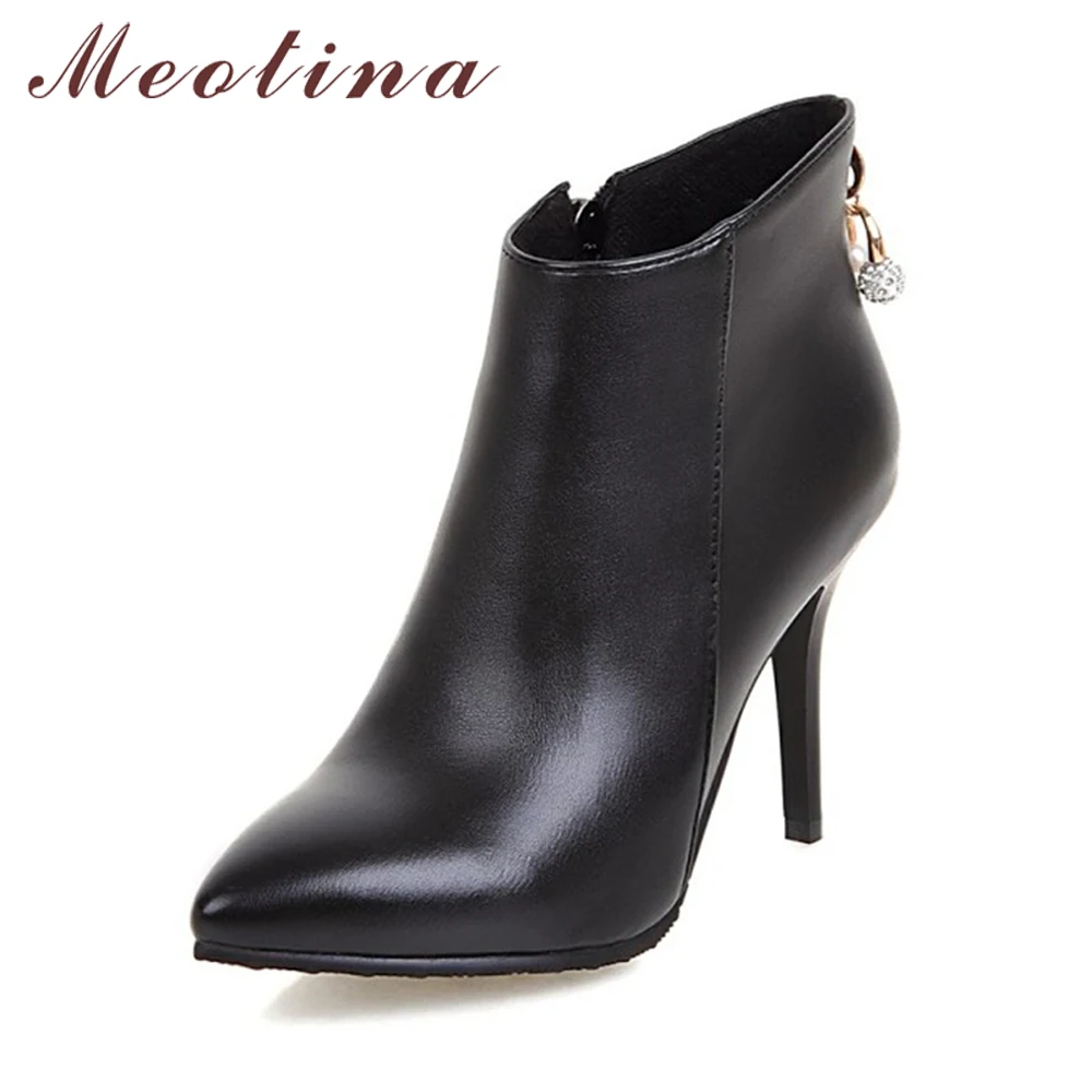 Meotina Women Boots Ankle Boots for Women 2018 Winter High Heels Short Boots Rhinestone Ladies Shoes Zip Red White Size 44 45 11