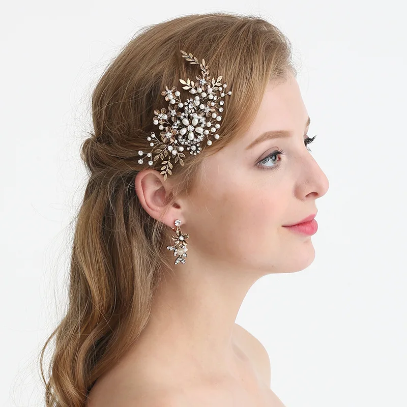 Antique Gold Bridal Hair Clip Pearl Girl's Wedding Headpiece Floral