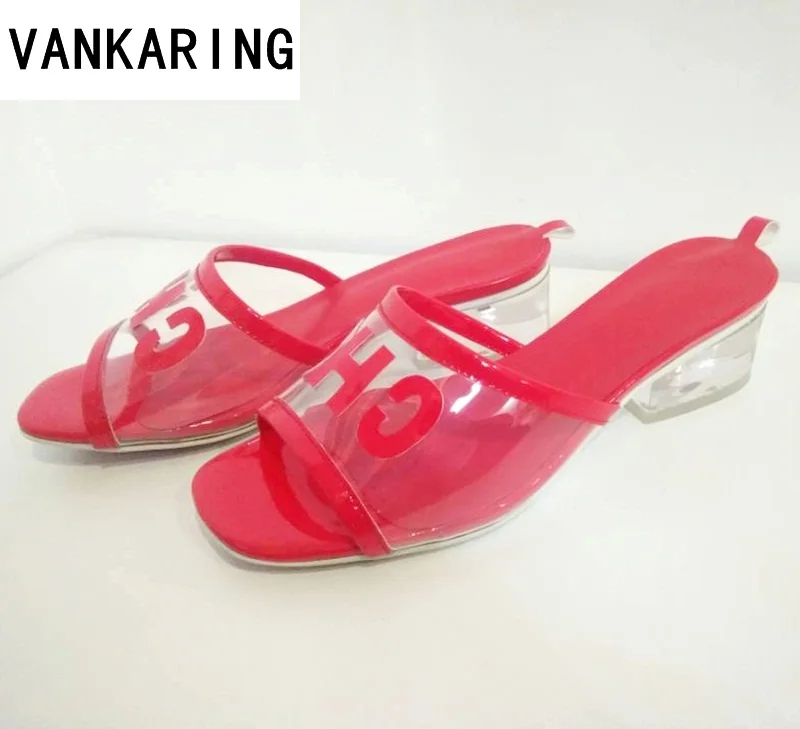Брендовая Летняя обувь; женские босоножки из прозрачного ПВХ и лакированной кожи на высоком каблуке; пикантные модельные туфли с открытым носком; женские пляжные Тапочки - Цвет: red