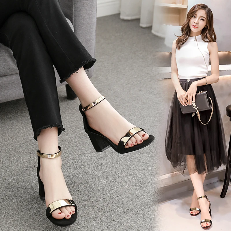 

2019 new summer wild word with high heels thick with heel sandals female