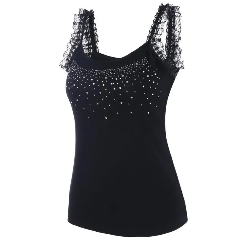 

tank top Women shiny Rhinestone Lace Insert Fitted crop Tops Camisole super quality Colete Feminino