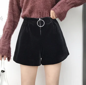 

Lychee Girls Empire Waist Zipper Ring Women Velvet Shorts Pockets Sexy Shorts Autumn Winter Loose Office Lady Style Shorts