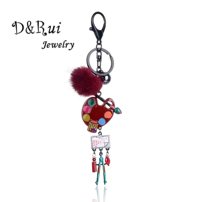 

2019 Popular Drawing Board Key Chain Ring Personalized Pompom Alloy Enamel Charm Keyring Jewelry Trinket for Women Keychains