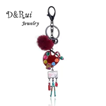 

2019 Popular Drawing Board Key Chain Ring Pompom Alloy Enamel Charm Keyring Jewelry Trinket for Women Kid Keychains Best Friends