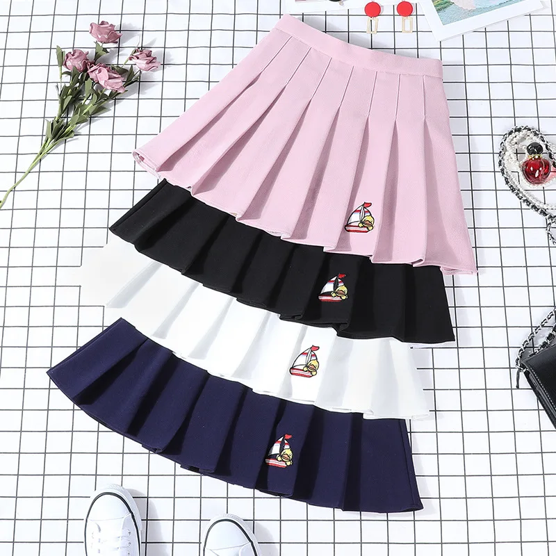 

Cute Cartoon Duck Embroidery Women Skirt High Waist A-Line Pleated Skirt Short Pants Elastic Waist Sweet Student Skirt S-XXL