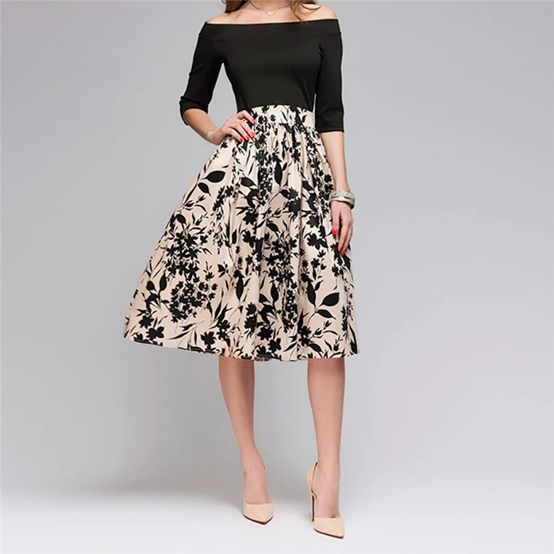 

Womail Summer New Dresses Women's Printing Fashion A-line Dress Elegant Ruffles Off Shoulde Knee-Length Vintage Dropship Apr9