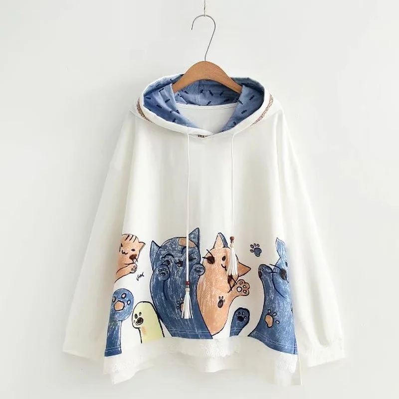 

Cute Cats Printed Sweatshirt Women Lace Patchwork Hem Long Sleeve Loose Hooded Pullover New Autumn Casual Outwear Hoodies Femme