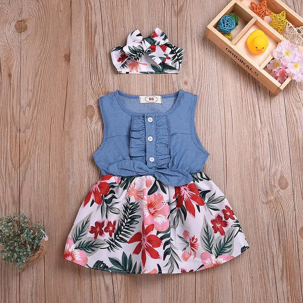 2019 Summer New Baby Girls Sleeveless Button Baby Dress Bow Flower