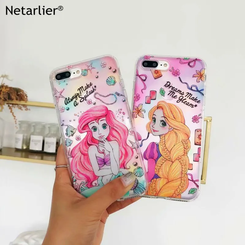 Netarlier Lovely Girl Case For iPhone 6 6s Beautiful Long hair Princess Mermaid Shells Starfish Air Cushion Clear TPU Soft |