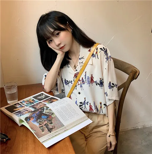 

Character Printed Casual Loose Turn Down Collar Button Line Vintage 2019 College Wind Preppy Style Holiday Female Women Shirts