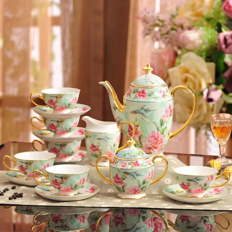 

15 pcs bone china bird flower coffee cup saucer sets european afternoon Tea Set coffee pot and jug set household wedding gift