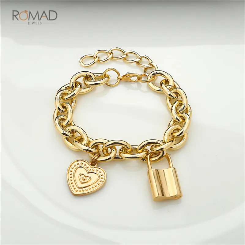 

Romad Big Gold Punk Lock Pendant Bracelets Bangles Silver Love Heart Chain Bracelet Couple Lover Gift