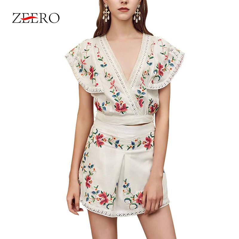 

Flower Embroidery Lace Patchwork Women Two Piece Set Ruffles V Neck Short Crop Tops+ High Waist Bandage Shorts Female Pant Suits