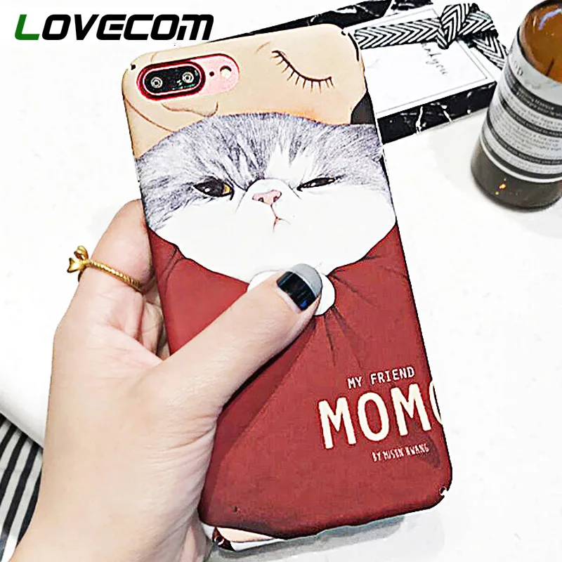 

LOVECOM Hot Cute Cartoon Sleeping Cat Phone Case For iPhone 6 6S 7 8 Plus Hard Matte Plastic Protective Phone Back Cover Fundas