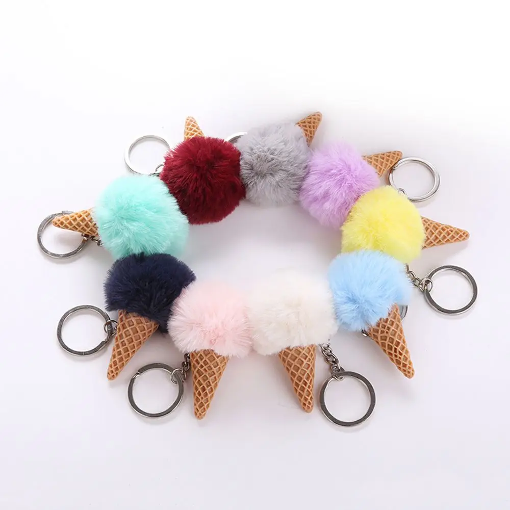 

New Arrival Fluffy Fur Ice Cream Keychain For Women Cute Rabbit Furs Ball Pompom Key Chain Car Bag Keyring Pendant 9 Colors